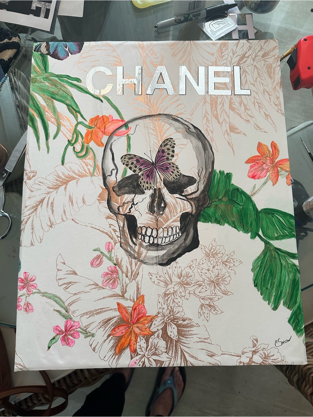CHANEL Floral Skull Art Print — Green, Pink, Orange, White